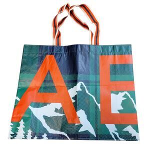 American Eagle Large Green Navy Plaid AE Logo Reusable Shopping Tote Bag